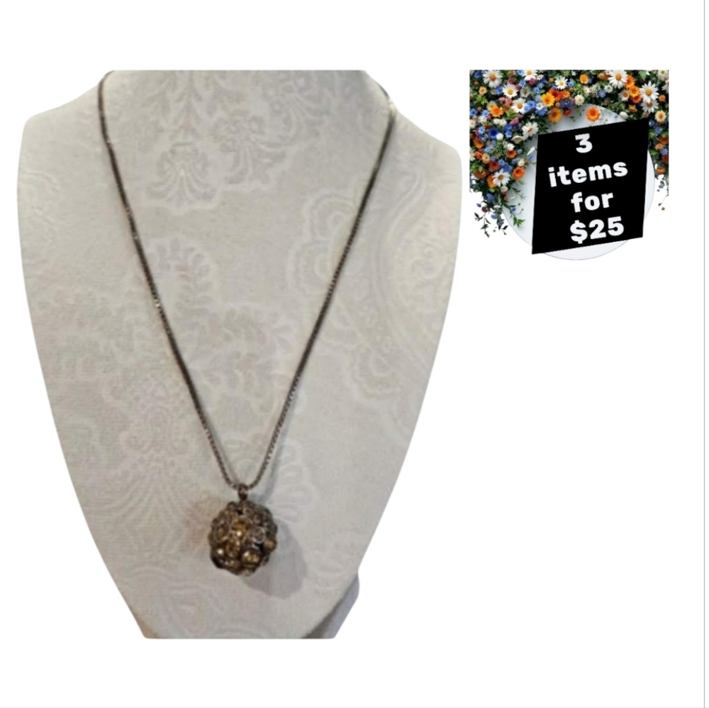 Fossil Round Ball Charm Crystal Encrusted Copper Gold Tone Box Chain Necklace